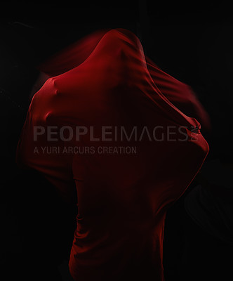 Buy stock photo Scary, person and trapped in fabric for horror, art and drama on black background in studio. Suffocating, fear and model stuck in cloth as demon, monster or ghost with terror for creative aesthetic