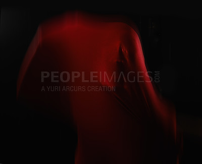 Buy stock photo Scary, person and trapped in fabric for horror, art and drama on black background in studio. Suffocating, fear and face stuck in cloth as demon, monster or ghost with terror for creative aesthetic