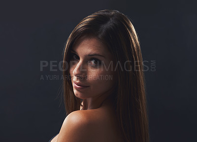 Buy stock photo Woman, haircare and beauty for portrait in studio, cosmetics and satisfaction for keratin treatment on black background. Female person, transformation and pride for dermatology, confidence and gloss