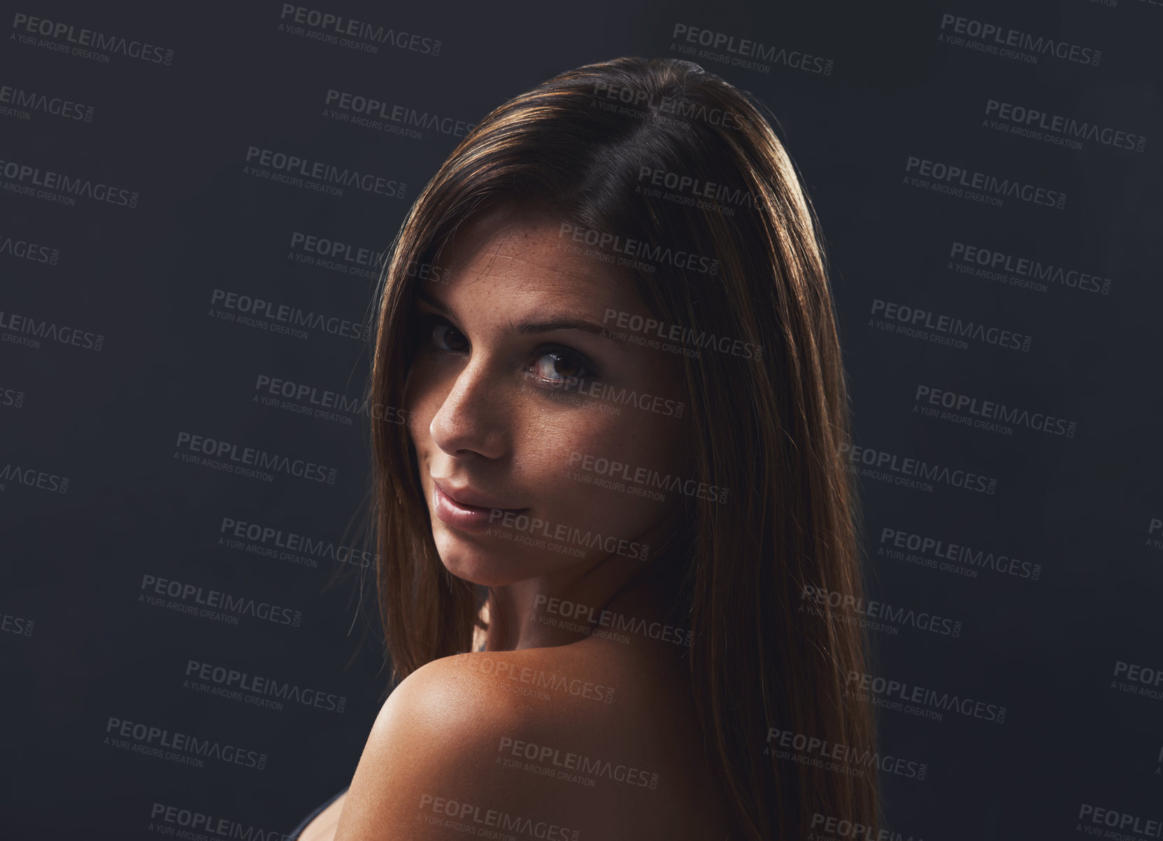 Buy stock photo Woman, haircare and beauty for portrait in studio, cosmetics and satisfaction for keratin treatment on black background. Female person, transformation and pride for dermatology, confidence and gloss