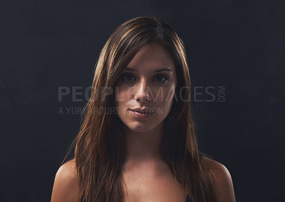 Buy stock photo Woman, haircare and gloss for portrait in studio, cosmetics and satisfaction for keratin treatment on black background. Female person, transformation and pride for dermatology, confidence and growth
