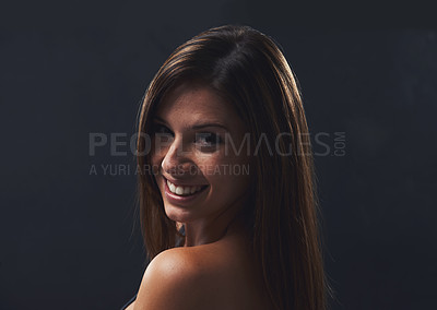 Buy stock photo Woman, haircare and cosmetics for portrait in studio, beauty and satisfaction for keratin treatment on black background. Female person, transformation and pride for dermatology, confidence and shine