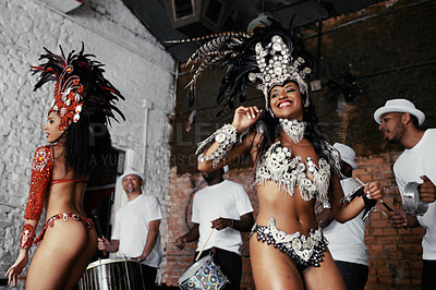 Buy stock photo Performance, dance and happy women at carnival in costume for celebration, music culture and band in Brazil. Samba, party and girl friends together at festival, parade or stage show in Rio de Janeiro