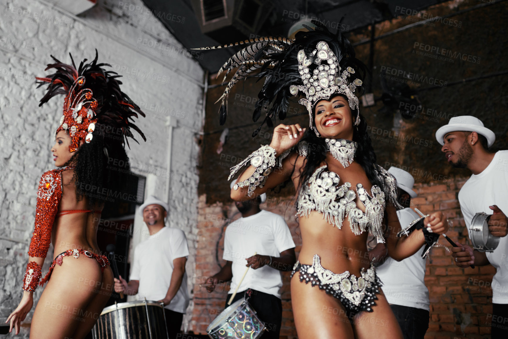 Buy stock photo Performance, dance and happy women at carnival in costume for celebration, music culture and band in Brazil. Samba, party and girl friends together at festival, parade or stage show in Rio de Janeiro