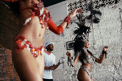 Buy stock photo Festival, dance and women at carnival in costume for celebration, music culture and happy band in Brazil. Samba, party and girl friends together at performance, parade or show in Rio de Janeiro.