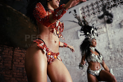 Buy stock photo Parade, dance and women at carnival in costume for celebration, music culture and happy band in Brazil. Samba, party and girl friends together at festival, performance or stage show in Rio de Janeiro