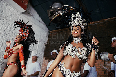 Buy stock photo Fun, dance and women at carnival in costume for celebration, music culture and happy band in Brazil. Samba, party and girl friends together at festival, parade or stage performance in Rio de Janeiro