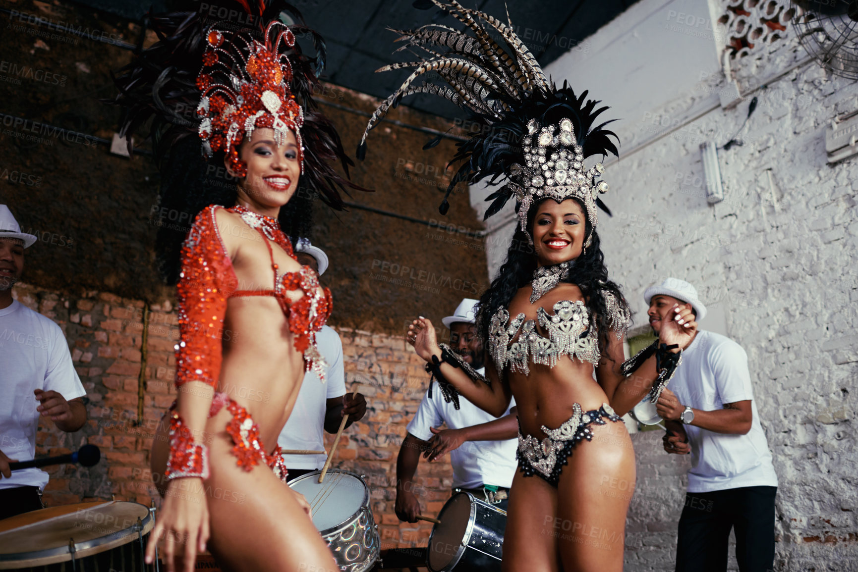 Buy stock photo Portrait, dance and women at carnival in costume for celebration, music culture and happy band in Brazil. Samba, party and friends together with smile at festival, parade or show in Rio de Janeiro 