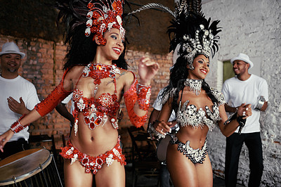 Buy stock photo Music, samba and women at carnival in costume for celebration, performance culture and happy band in Brazil. Dance, party and girl friends together at festival, parade or stage show in Rio de Janeiro