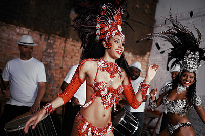 Buy stock photo Show, dance and women at carnival in costume for celebration, music culture and happy band in Brazil. Samba, party and girl friends together at festival, parade or stage performance in Rio de Janeiro