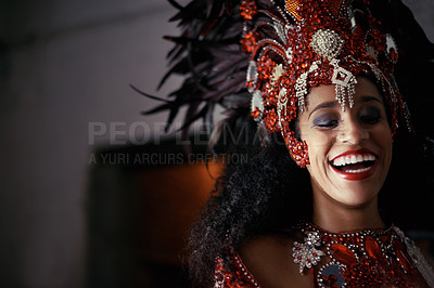 Buy stock photo Face, samba and woman at carnival with costume in celebration of music, culture and happiness in Brazil. Dancer, party and laughing girl in fantasia at festival, parade or show in Rio de Janeiro.