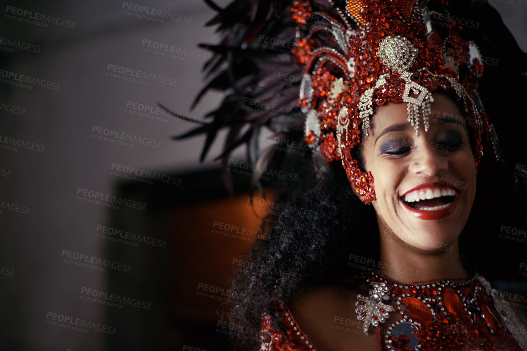 Buy stock photo Face, samba and woman at carnival with costume in celebration of music, culture and happiness in Brazil. Dancer, party and laughing girl in fantasia at festival, parade or show in Rio de Janeiro.