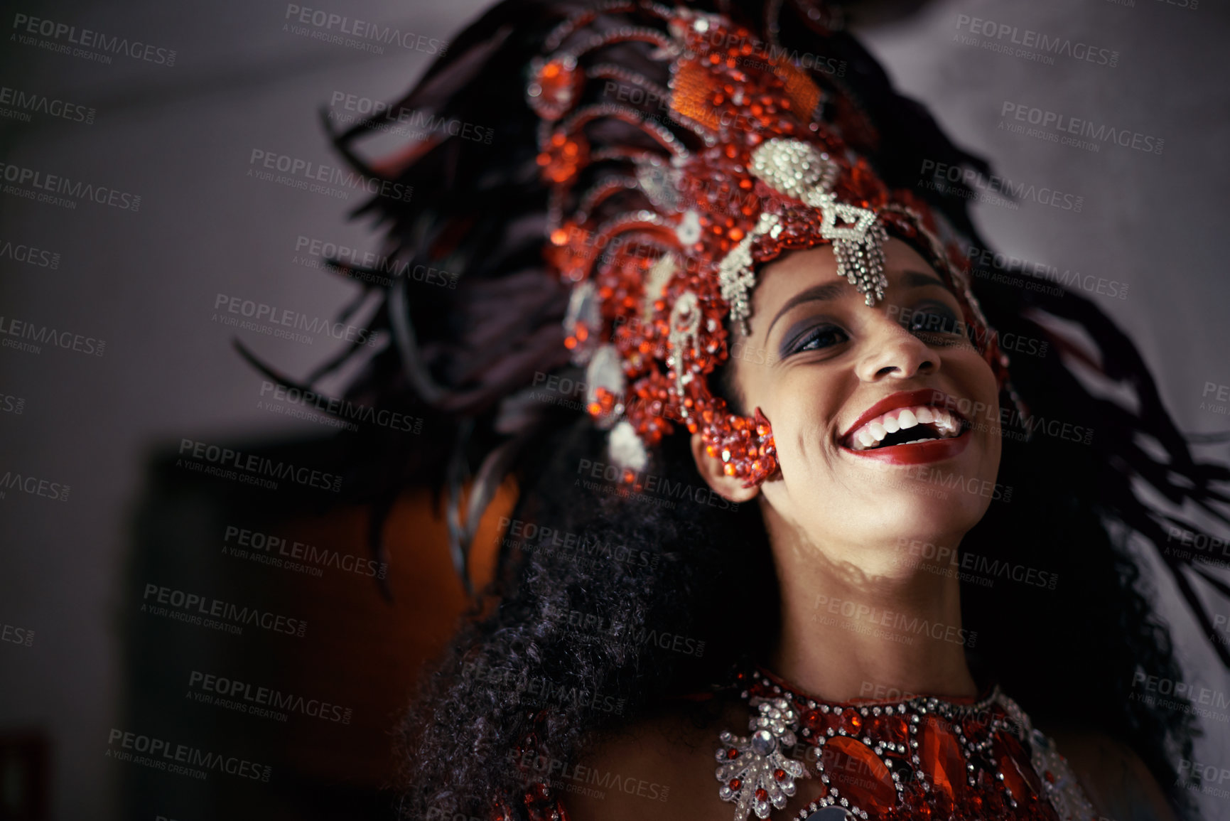 Buy stock photo Cropped shot of a beautiful samba dancer wearing a headdress