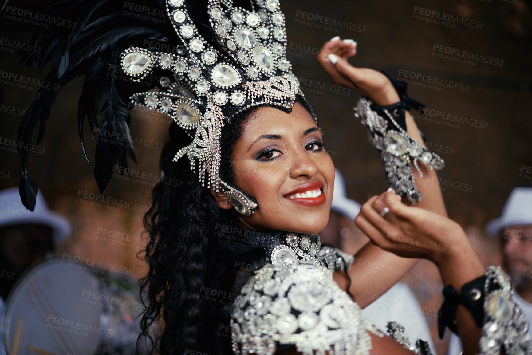 Buy stock photo Festival, carnival and dancer portrait of woman smile with music and party celebration in Brazil. Mardi gras, dancing or culture event costume with young female person with happiness from performance