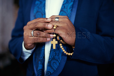 Buy stock photo Hands, prayer with beads and Christian man in worship for religion, trust and spiritual hope with peace. Holy love, mindfulness and preacher faith for God praying with gratitude, rosary and cross.