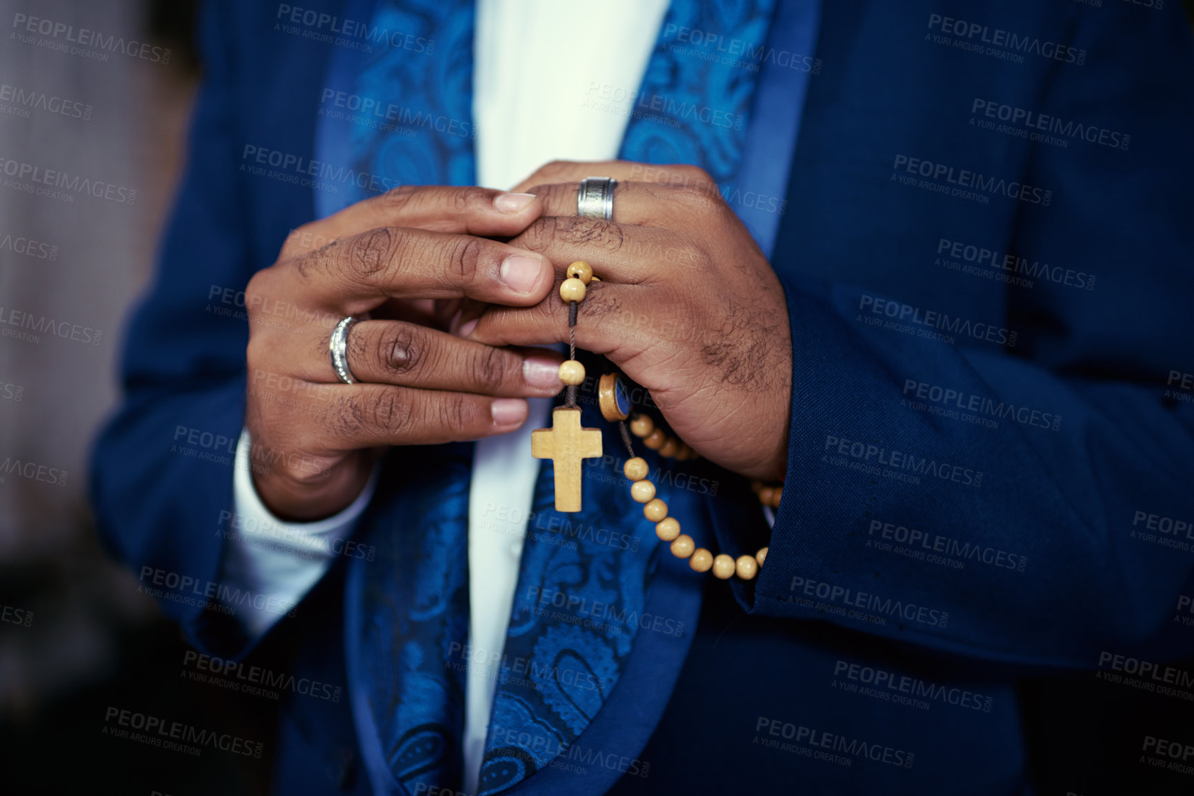 Buy stock photo Hands, prayer with beads and Christian man in worship for religion, trust and spiritual hope with peace. Holy love, mindfulness and preacher faith for God praying with gratitude, rosary and cross.