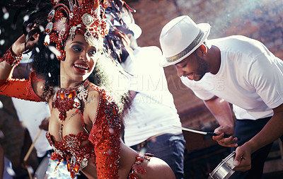 Buy stock photo Samba, drummer or happy woman in carnival for celebration, music culture or band in Brazil. Event performance, night or girl dancer with smile at festival, parade or fun live show in Rio de Janeiro
