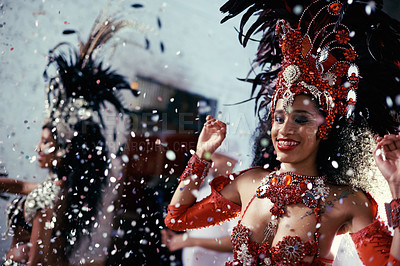 Buy stock photo Festival glitter, carnival dancer and woman smile with music and social celebration in Brazil. Mardi gras, dancing and culture event costume with a young female person with happiness from performance