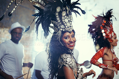 Buy stock photo Festival portrait, carnival dancer and woman smile with music and party celebration in Brazil. Mardi gras, dancing and culture event costume with young female person with happiness from performance