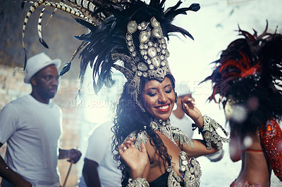 Buy stock photo Festival, carnival dancer and woman smile with music and social celebration in Brazil. Mardi gras, dancing and culture event costume with a young female person with happiness from performance