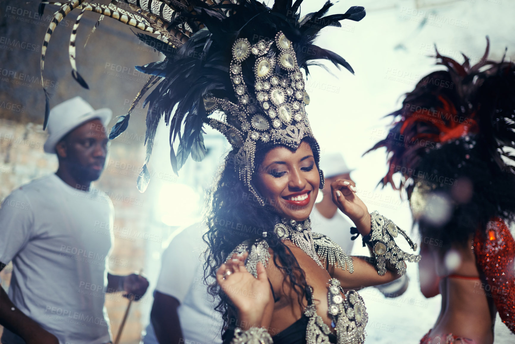 Buy stock photo Festival, carnival dancer and woman smile with music and social celebration in Brazil. Mardi gras, dancing and culture event costume with a young female person with happiness from performance