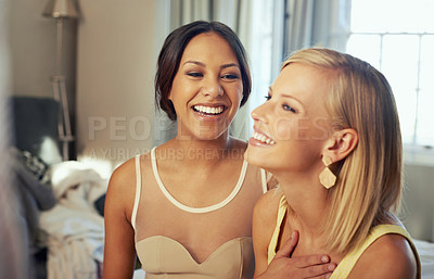 Buy stock photo Young women, happy and celebration in hotel room as friends, support and fashion to celebrate at gala event. Ladies night, bedroom and excited in elegant clothes and bonding together for formal party