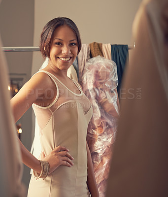 Buy stock photo Happy woman, portrait or confident in elegant gown in hotel, fashion and trying on dresses for gala event. Smile face, lady or mirror reflection in style clothes or excited for formal party at night