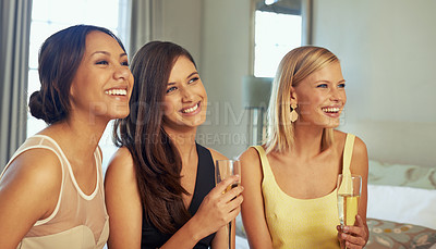 Buy stock photo Friends, group and happy with drink in bedroom before night at club, event or party with attitude from alcohol. Wine, glass and relax together for social, bonding or cool style and fashion at hotel