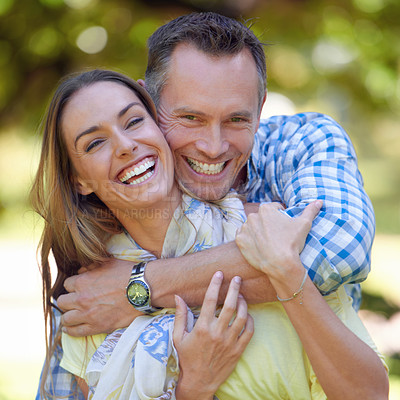Buy stock photo Nature, smile and portrait of couple with hug in park for bonding, marriage and anniversary in countryside. Forest, man and woman with happiness for commitment, vacation and travel together for love