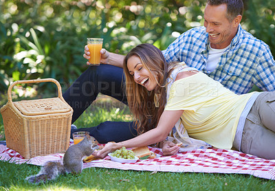 Buy stock photo Romance, picnic and couple in park with squirrel, food and drinks on outdoor date together. Love, mature man and happy woman on garden lawn with morning sunshine, juice and marriage bonding in nature
