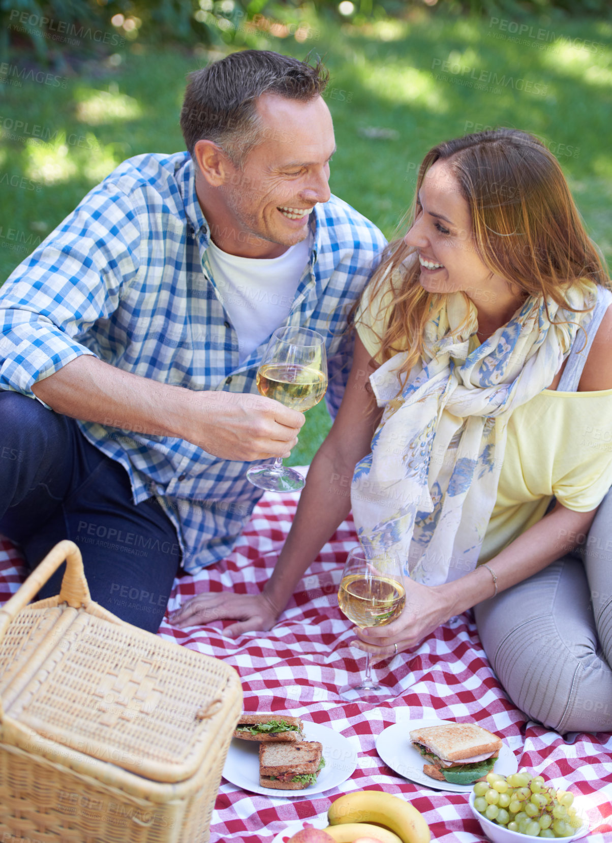 Buy stock photo Couple, picnic and alcohol for bonding in outdoor nature, love and romance in relationship on weekend. Wine glasses, conversation and people on date in countryside, adventure and forest for happy