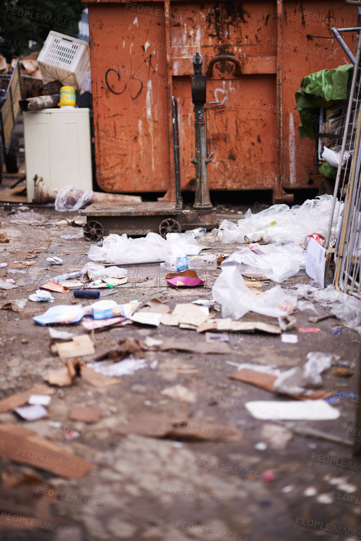 Buy stock photo City, pollution and garbage or trash for litter, landfill and junkyard or destruction of climate. Outdoors, waste and ecological disaster or global problem, disposal and environment of dirt in town