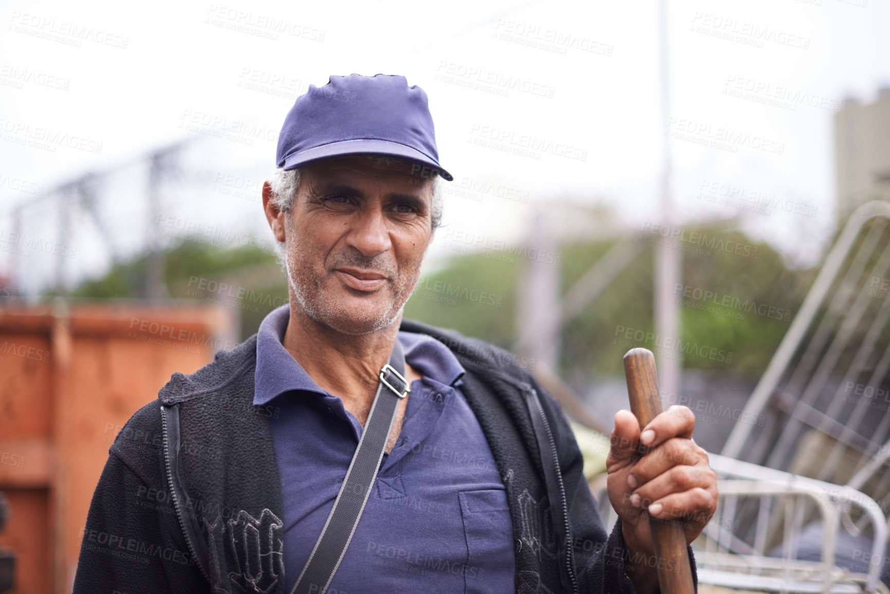 Buy stock photo Man, portrait and street cleaner in city for urban trash or garbage pollution for sweeping, service or waste management. Male person, face and broom in Latin America for rubbish dirt, junk or refuse