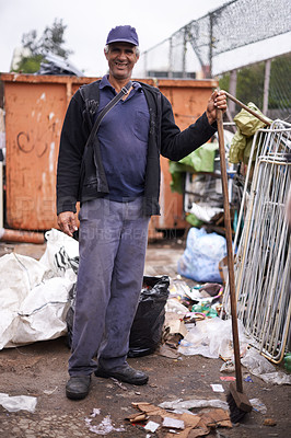 Buy stock photo Mature man, broom and sweeping in portrait, hygiene and cleaning for sanitation in dirty outdoor. Male person, street cleaner and equipment for mess, pollution and person for protection of bacteria