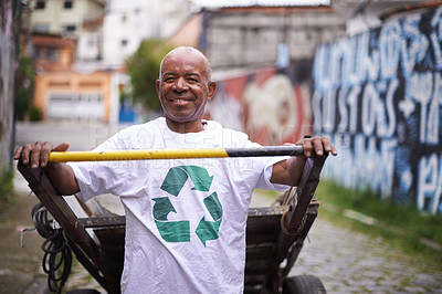 Buy stock photo Man, portrait and street cleaner for environment or garbage pollution for recycle, sustainability or waste management. Male person, face and broom in Latin America for rubbish dirt, junk or refuse