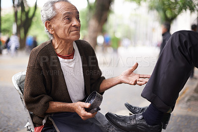 Buy stock photo Man, shoes and shining leather or cleaning service on city street or corporate customer with polish, grease or job. Person, brush and business in downtown Sao Paulo or shine footwear, wax or outdoor