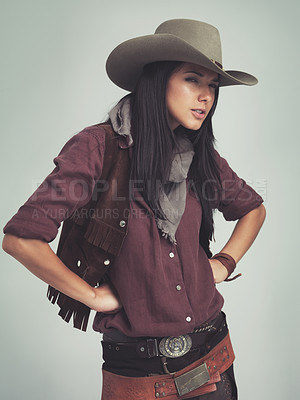 Buy stock photo Woman is confused, fashion and cowboy clothes in portrait in studio, western character and costume on white background. Wild west style, outlaw cosplay and vintage apparel with doubt or question