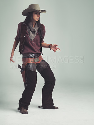 Buy stock photo Woman, fashion and cowboy clothes with confidence in studio, western character and costume on white background. Wild west style, outlaw cosplay and vintage apparel with mockup space and aesthetic