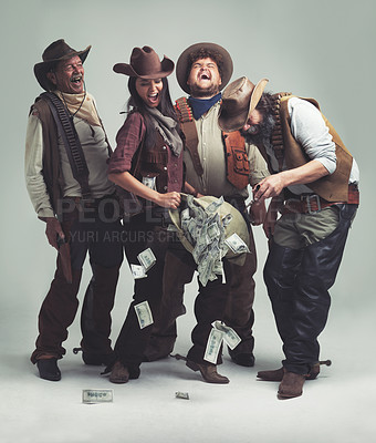 Buy stock photo People, cowboys and happy for bank robbery in studio mockup, outlaw and wild west character with pistol. Texas, men or woman for money with weapon or vintage clothes or costume by white background