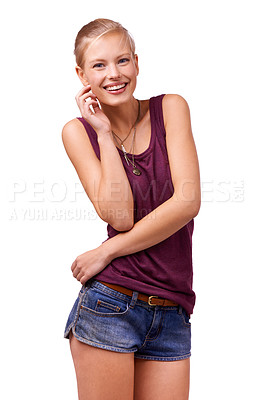 Buy stock photo Fashion, happy and portrait of woman on a white background in trendy clothes, summer style and casual outfit. Stylish, humor and isolated person smile with confidence, beauty and pride in studio