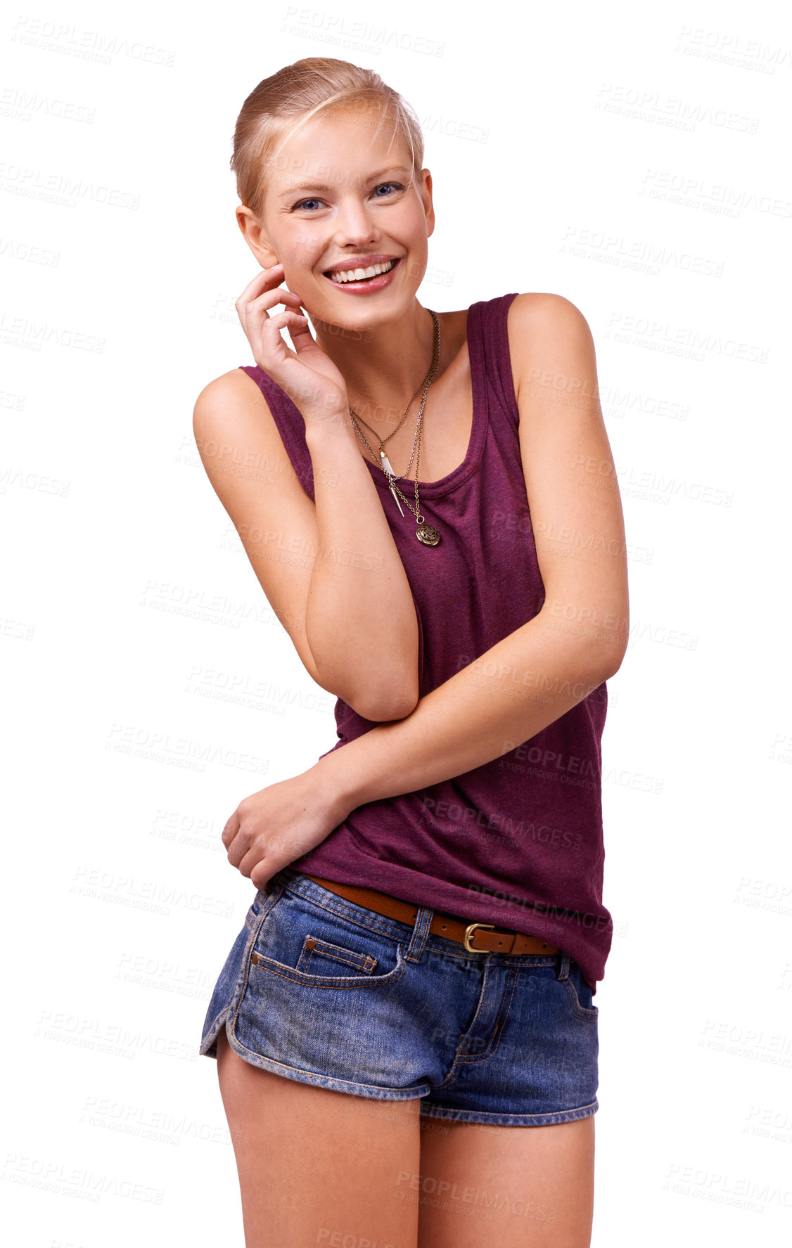 Buy stock photo Fashion, happy and portrait of woman on a white background in trendy clothes, summer style and casual outfit. Stylish, humor and isolated person smile with confidence, beauty and pride in studio