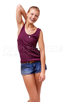 Buy stock photo Fashion, smile and portrait of woman on a white background in trendy clothes, stylish and casual outfit. Attractive, happy and isolated person with confidence, summer style and pride in studio