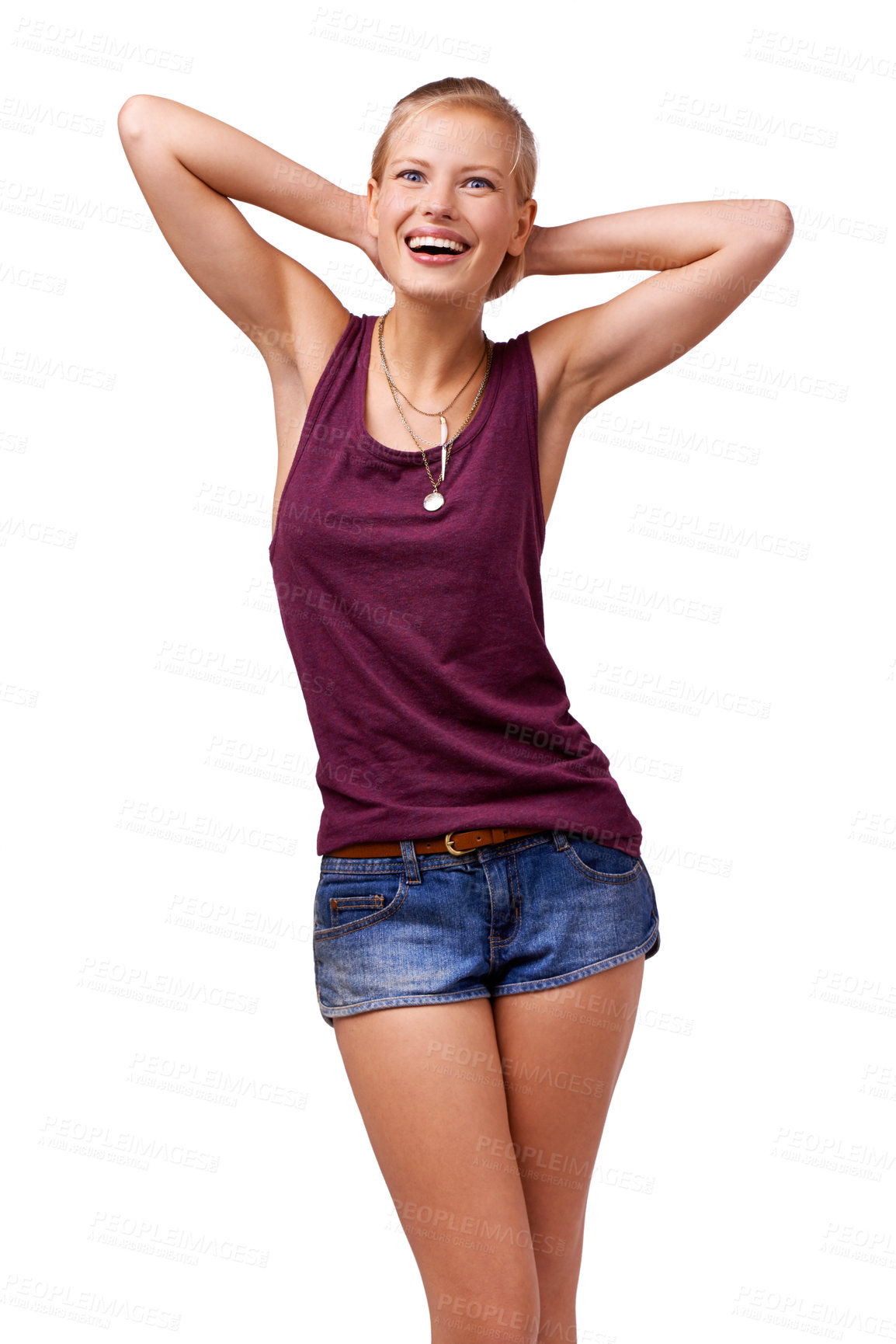 Buy stock photo Woman, smile and trendy fashion on white background, style and excited. Playful, fun clothing choice with happy and  carefree Amsterdam female person, cheerful and isolated slender model in studio 