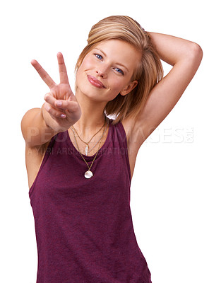 Buy stock photo Happy woman, portrait and peace sign with fashion or support isolated on white background. Casual girl, model and natural person in studio with fun hand gesture, spring clothes or smile with style
