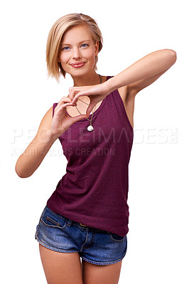 Buy stock photo Portrait, gen z woman person and heart hands, smile and isolated on white background. Happy face, Valentines Day and love emoji shape for American model people, fashion and style in studio backdrop