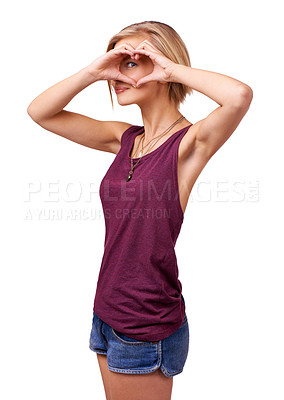 Buy stock photo Happy woman, portrait and heart hands on face with love for care or support on a white studio background. Young female person, blonde or model with like emoji, shape or sign for romantic gesture