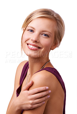 Buy stock photo Fashion, beauty and portrait of woman on a white background for wellness, skincare and beauty. Happy, attractive and natural face of isolated person with confidence, cosmetics and smile in studio