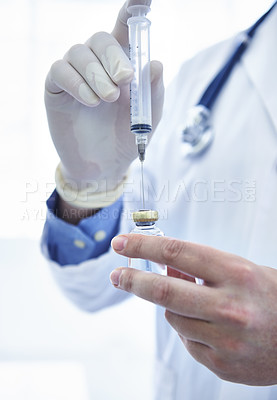 Buy stock photo Doctor, hand and syringe in bottle or vaccine medication with needle or healthcare treatment, prescription or help. Person, worker, fingers and gloves or immunization injection for sick, flu or shot