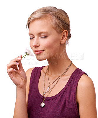 Buy stock photo Studio, woman and smelling a daisy by white background and scent of perfume of natural botanicals. Model, idea and creative inspiration with flower for stress relief and closed eyes with floral plant