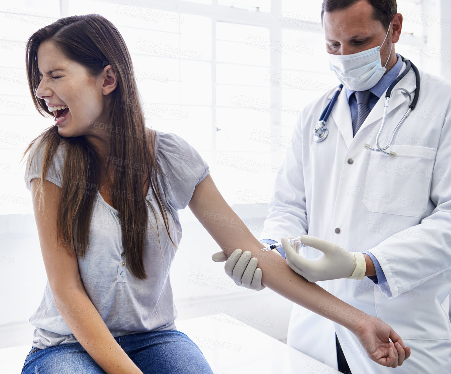 Buy stock photo Doctor, woman and arm injection or scared scream in hospital or anxiety feaR or medicine treatment, disease or diagnosis. Male person, face mask and patient with needle panic, terror or trypanophobia